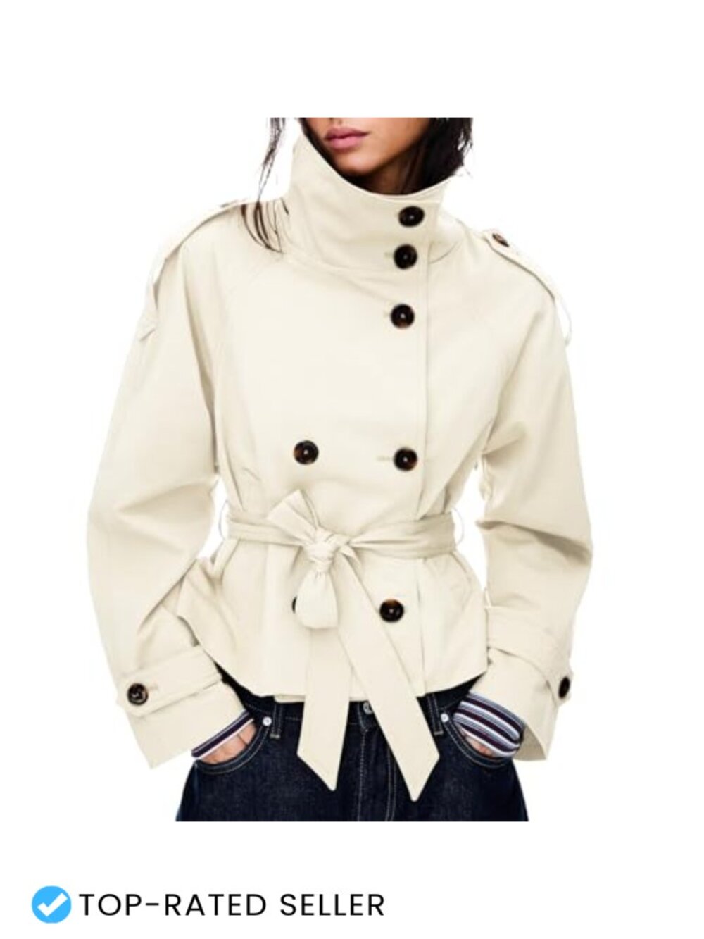 Women's Cropped Trench Coat Double Breasted Belted Lightweight